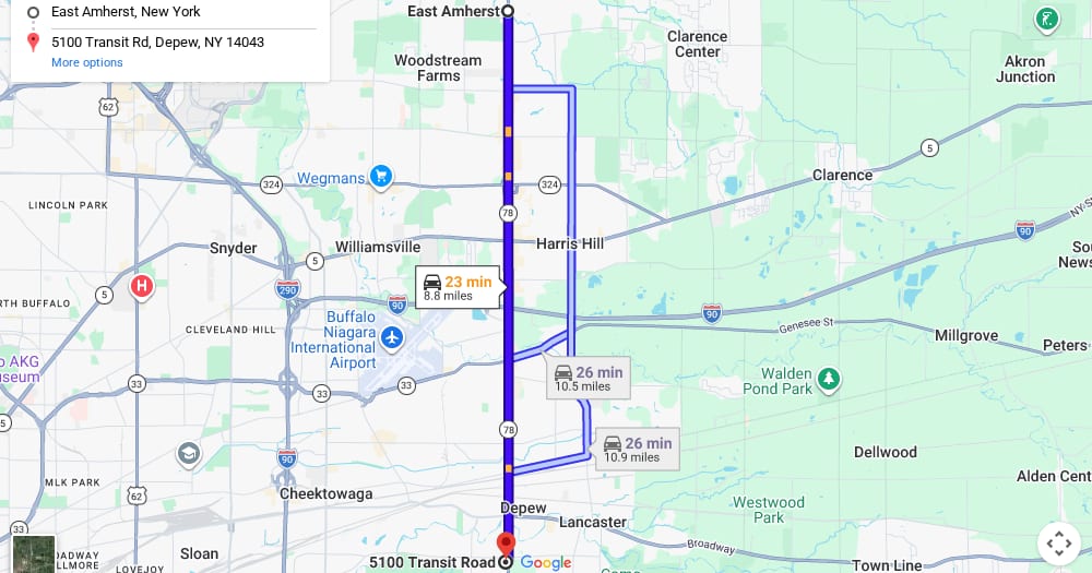Google map of weed delivery to East Amherst, NY. Dream Daze dispensary near East Amherst, delivering from Depew.