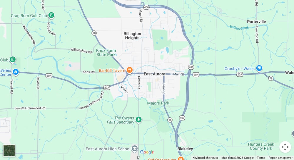 Google map of weed delivery to East Aurora, NY. Dream Daze dispensary near East Aurora, delivering from Depew.