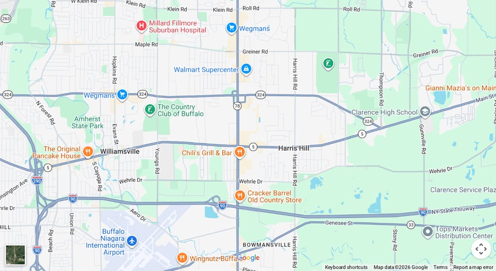 Google map of weed delivery near the Eastern Hills Mall on Transit Road in Williamsville, NY. Dream Daze dispensary, delivering from Depew.