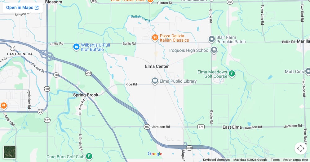 Google map of weed delivery to Elma, NY. Dream Daze dispensary near Elma, delivering from Depew.