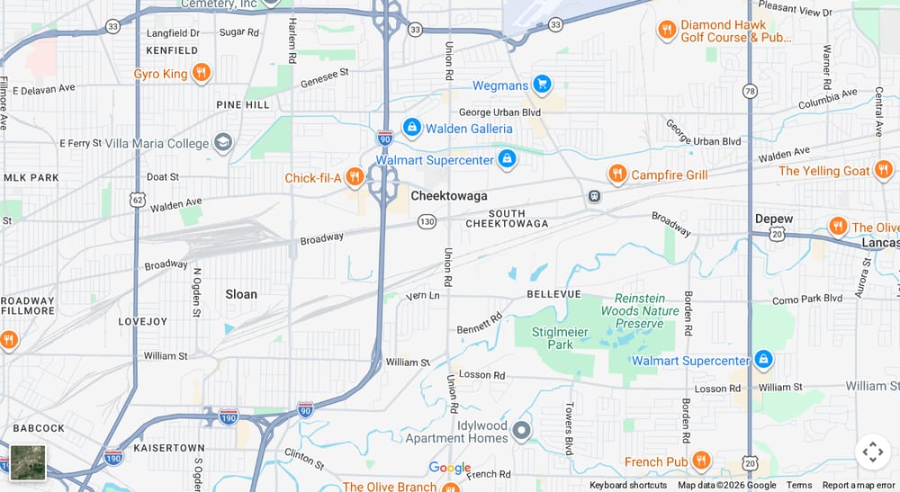 Google map of weed delivery to the Forks, Cheektowaga NY. Dream Daze dispensary near the Forks, delivering from Depew.