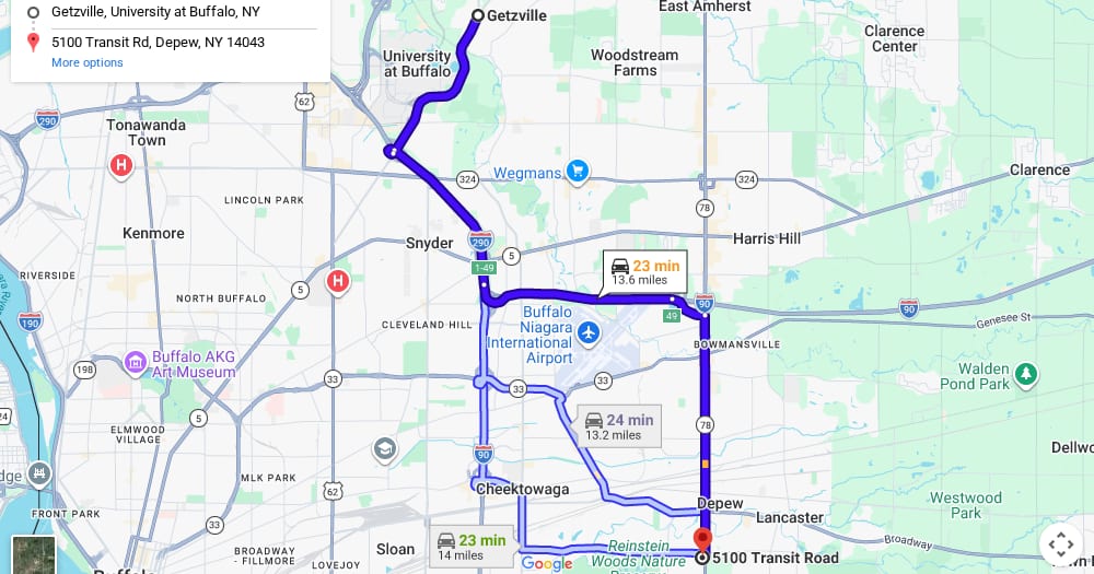 Google map of weed delivery to Getzville, NY. Dream Daze dispensary near Getzville, delivering from Depew.