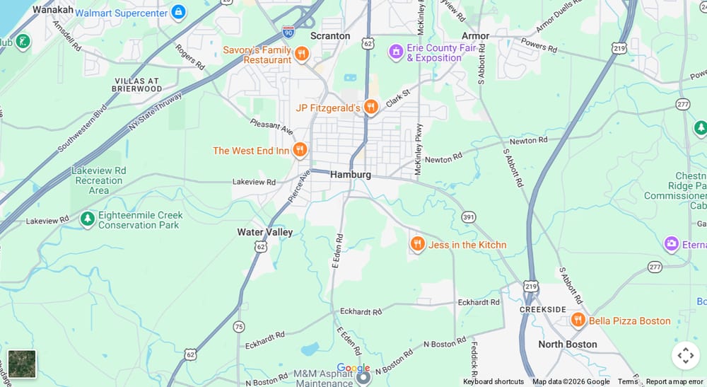 Google map of weed delivery to Hamburg, NY. Dream Daze dispensary near Hamburg, delivering from Depew.