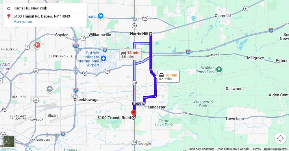 Google map of weed delivery to Harris Hill, NY. Dream Daze dispensary near Harris Hill, delivering from Depew.