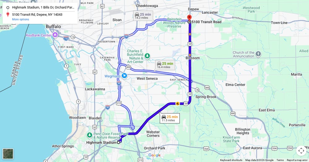 Google map of weed delivery near Highmark Stadium in Orchard Park, NY. Dream Daze dispensary near Highmark Stadium, delivering from Depew.