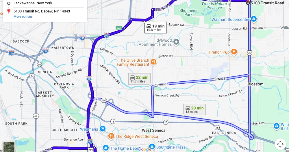 Google map of weed delivery to Lackawanna, NY. Dream Daze dispensary near Lackawanna, delivering from Depew.