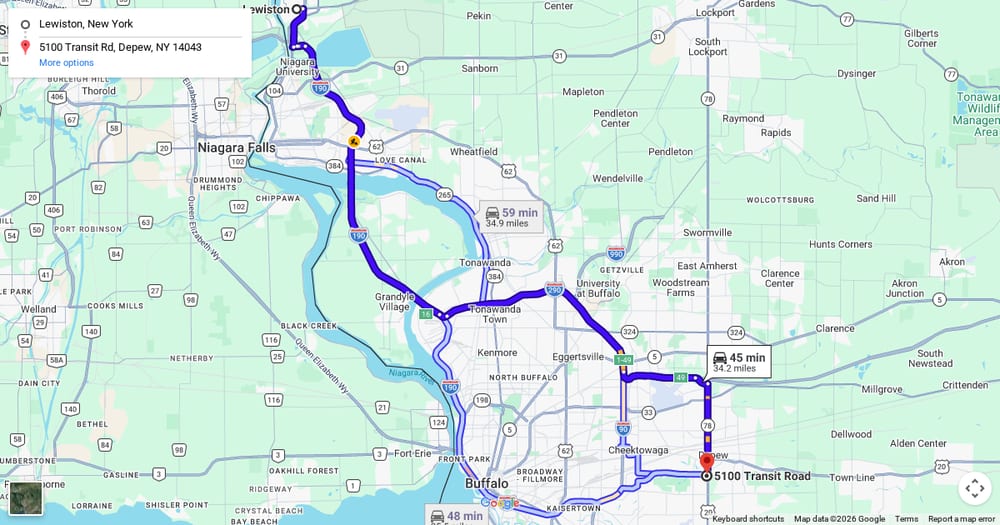 Google map of weed delivery to Lewiston, NY. Dream Daze dispensary near Lewiston, delivering from Depew.