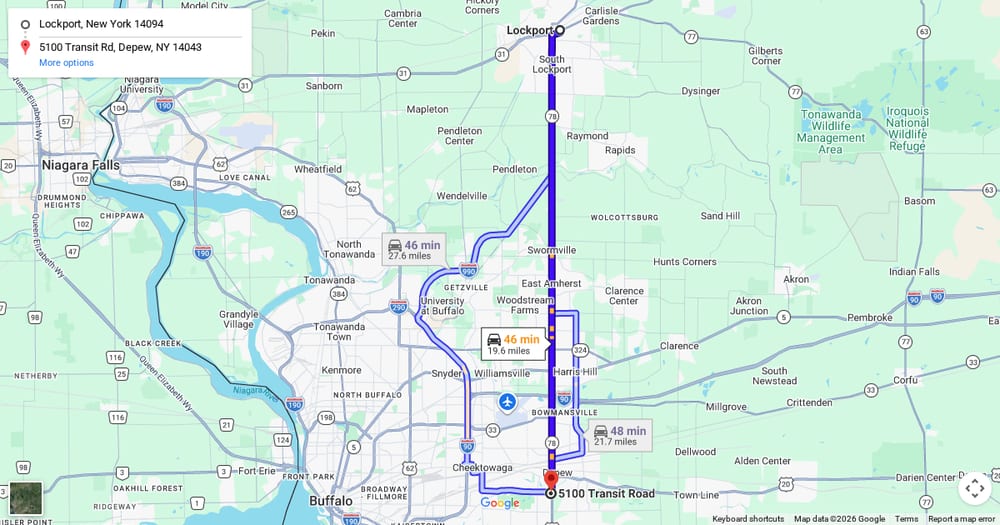 Google map of weed delivery to Lockport, NY. Dream Daze dispensary near Lockport, delivering from Depew.