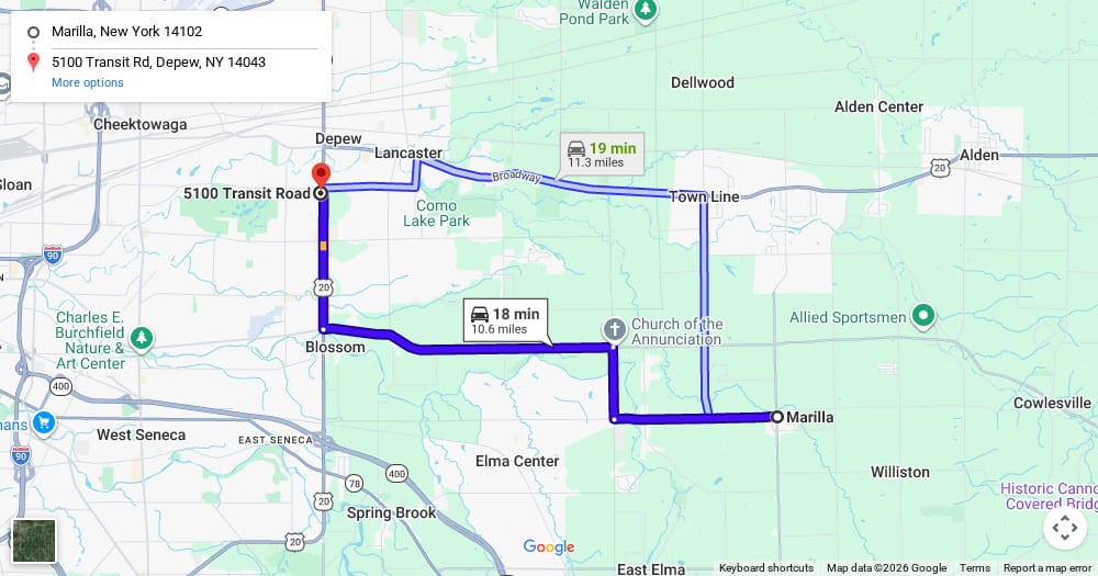 Google map of weed delivery to Marilla, NY. Dream Daze dispensary near Marilla, delivering from Depew.