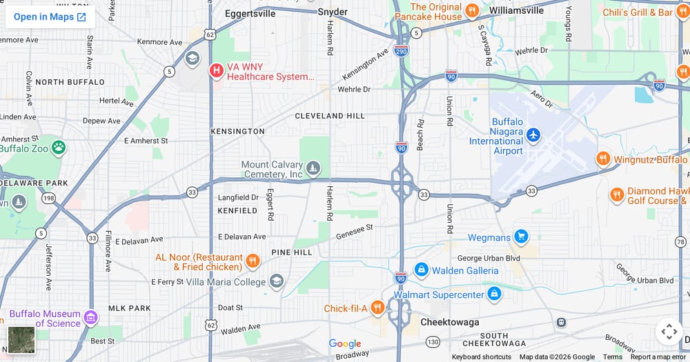 Google map of weed delivery to Maryvale, NY. Dream Daze dispensary near Maryvale, delivering from Depew.