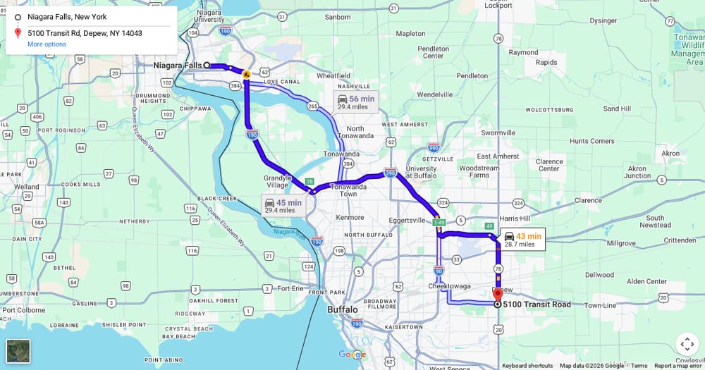 Google map of weed delivery to Niagara Falls, NY. Dream Daze dispensary near Niagara Falls, delivering from Depew.