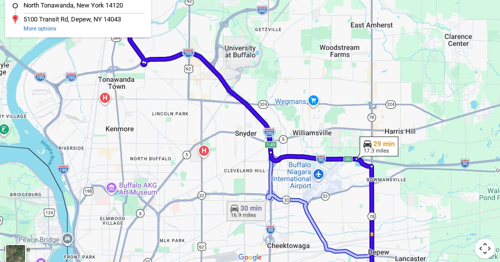 Google map of weed delivery to North Tonawanda, NY. Dream Daze dispensary near North Tonawanda, delivering from Depew.