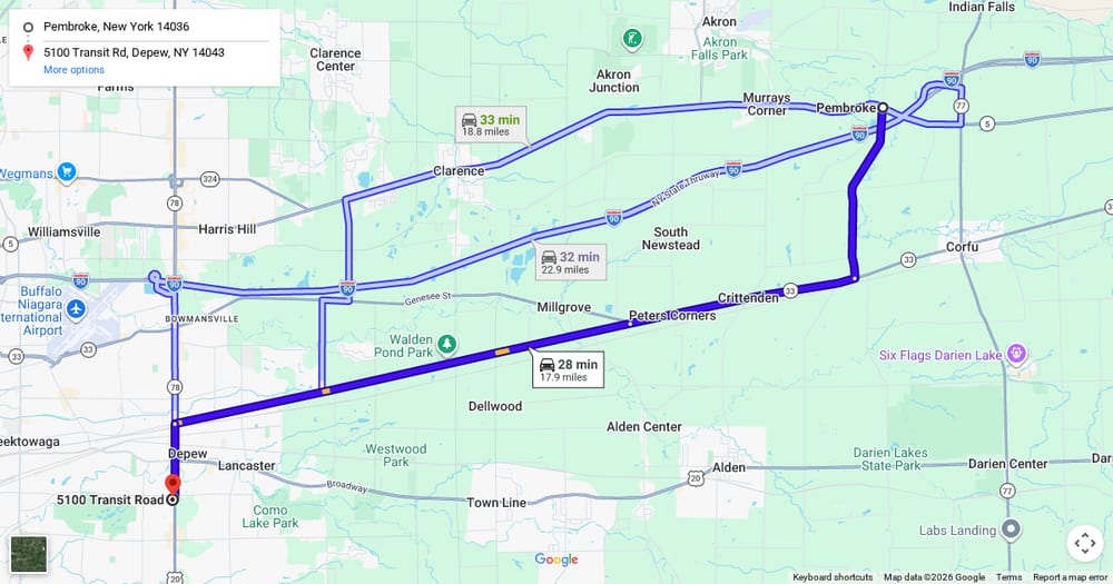 Google map of weed delivery to Pembroke, NY. Dream Daze dispensary near Pembroke, delivering from Depew.