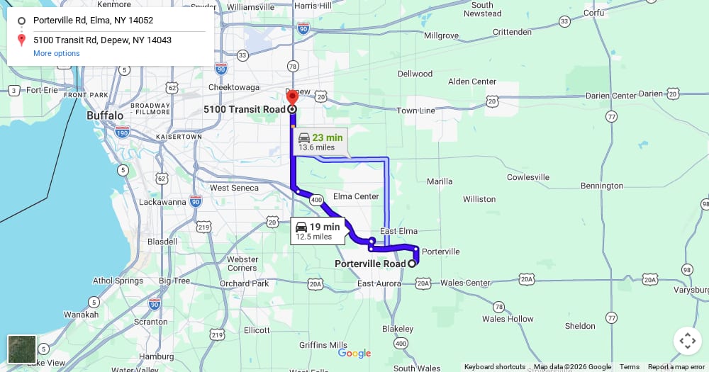 Google map of weed delivery to Porterville, NY. Dream Daze dispensary near Porterville, delivering from Depew.