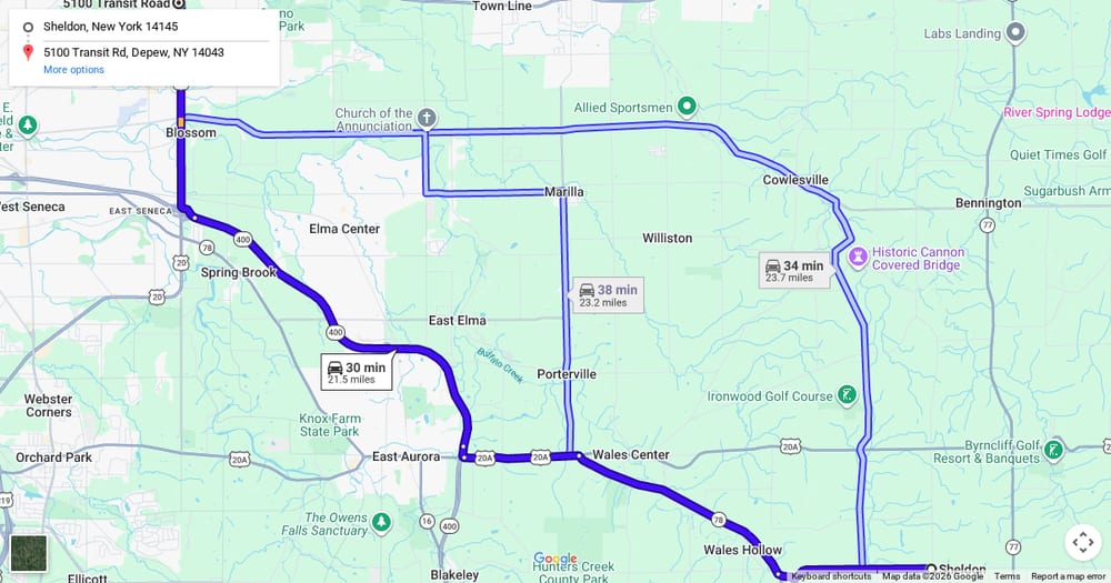 Google map of weed delivery to Sheldon, NY. Dream Daze dispensary near Sheldon, delivering from Depew.