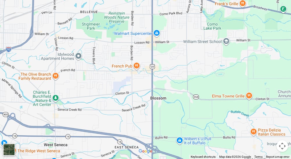 Google map of weed delivery to Slate Bottom, Cheektowaga NY. Dream Daze dispensary near Slate Bottom, delivering from Depew.