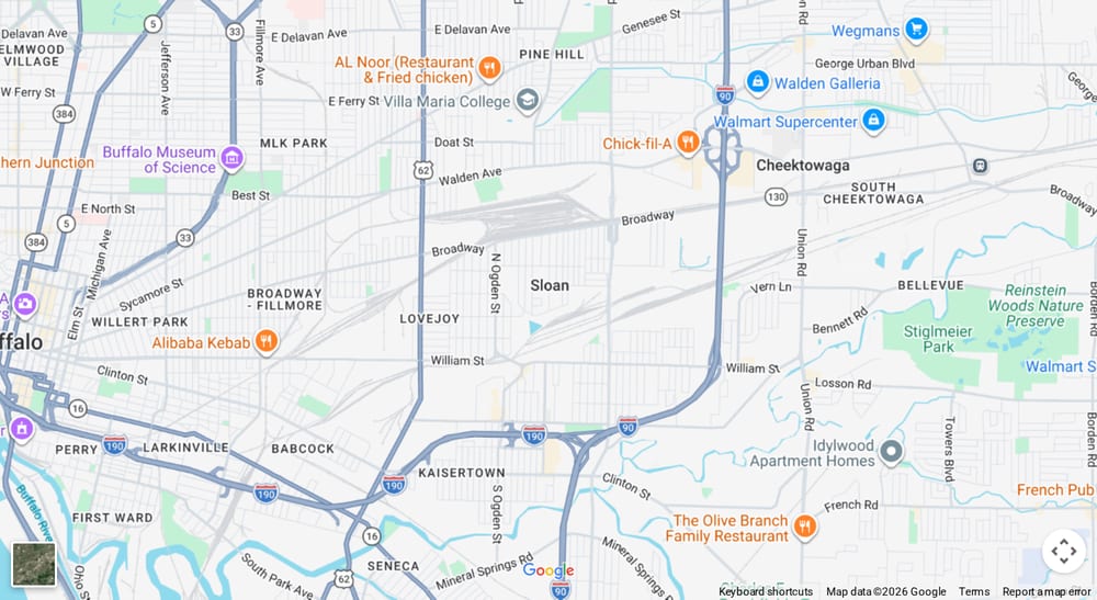 Google map of weed delivery to Sloan, NY. Dream Daze dispensary near Sloan, delivering from Depew.