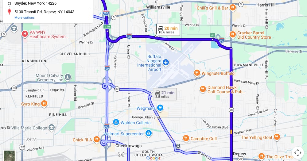 Google map of weed delivery to Snyder, NY. Dream Daze dispensary near Snyder, delivering from Depew.