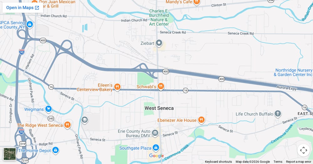Google map of weed delivery to Southgate Plaza, NY. Dream Daze dispensary near Southgate Plaza, delivering from Depew.