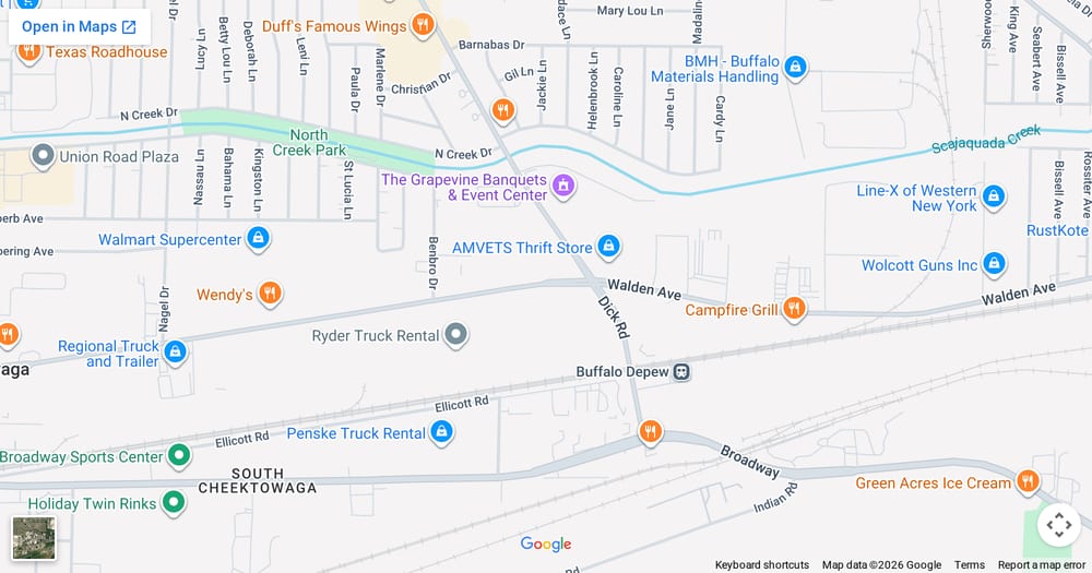 Google map of weed delivery to Thruway Plaza, NY. Dream Daze dispensary near Thruway Plaza, delivering from Depew.