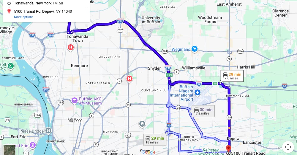 Google map of weed delivery to Tonawanda, NY. Dream Daze dispensary near Tonawanda, delivering from Depew.