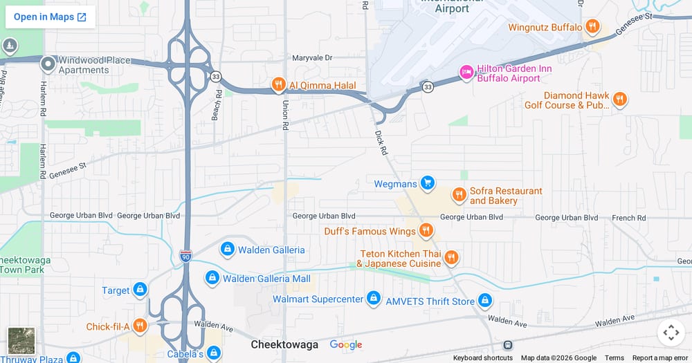 Google map of weed delivery to U Crest, NY. Dream Daze dispensary near U Crest, delivering from Depew.