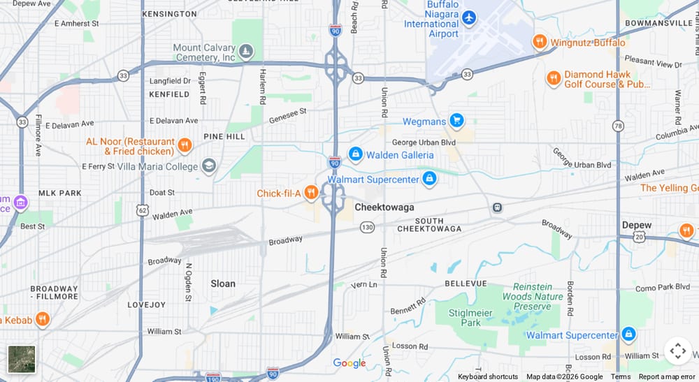 Google map of weed delivery near the Walden Galleria in Cheektowaga, NY. Dream Daze dispensary, delivering from Depew.