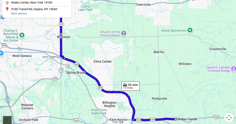 Google map of weed delivery to Wales Center, NY. Dream Daze dispensary near Wales Center, delivering from Depew.