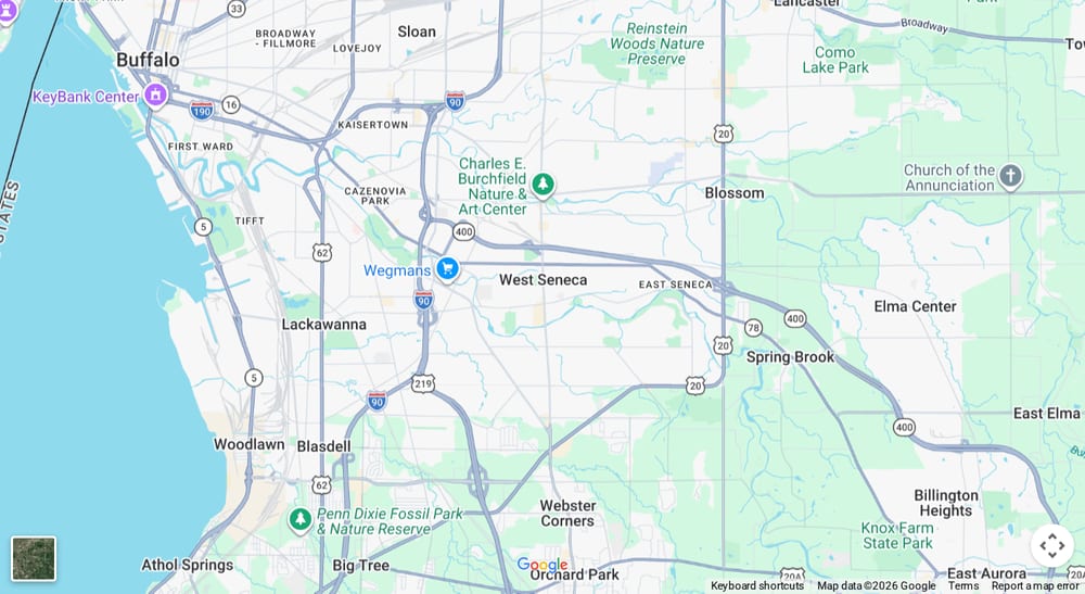 Google map of weed delivery to West Seneca, NY. Dream Daze dispensary near West Seneca, delivering from Depew.