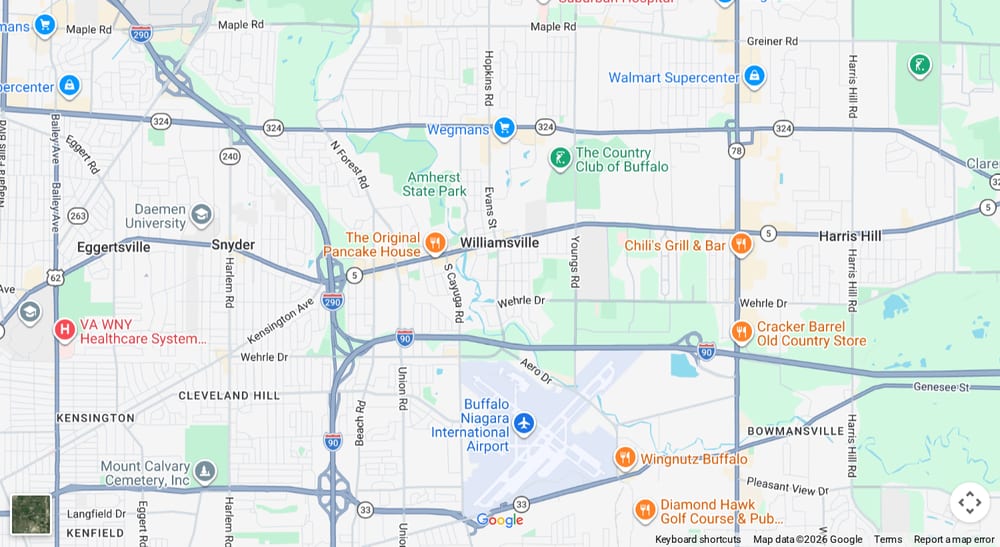 Google map of weed delivery to Williamsville, NY. Dream Daze dispensary near Williamsville, delivering from Depew.