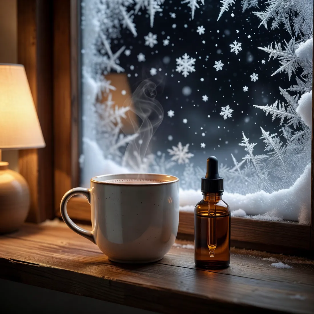 A warm mug and a CBN tincture on a windowsill during a snowy Western New York night, the nighttime minor cannabinoid.