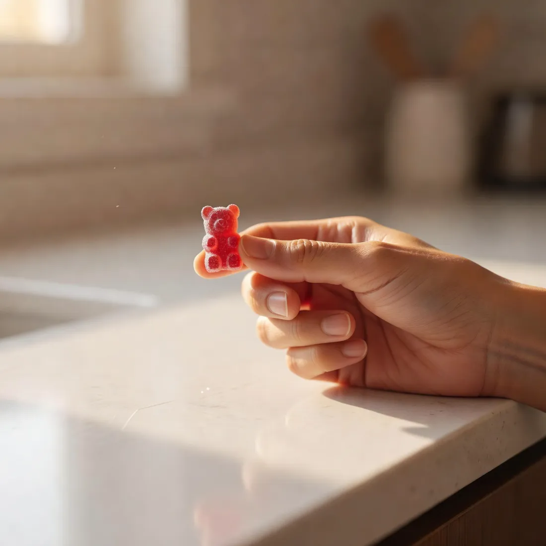 A hand holding a single low-dose cannabis gummy, the start-low-go-slow rule for edibles in Western New York.
