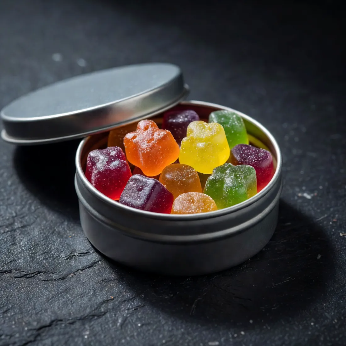Assorted lab-tested cannabis gummies in a tin at a Depew, NY dispensary, dosed in exact milligrams.