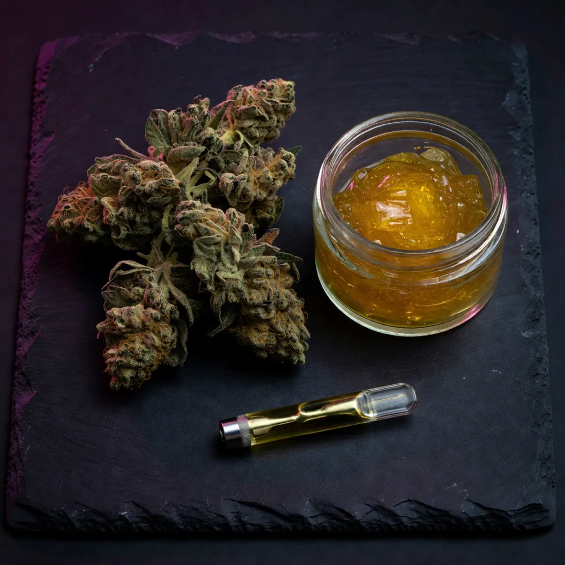 Cannabis flower, live resin concentrate, and a vape cart side by side, full-spectrum versus isolate for Western New York shoppers.