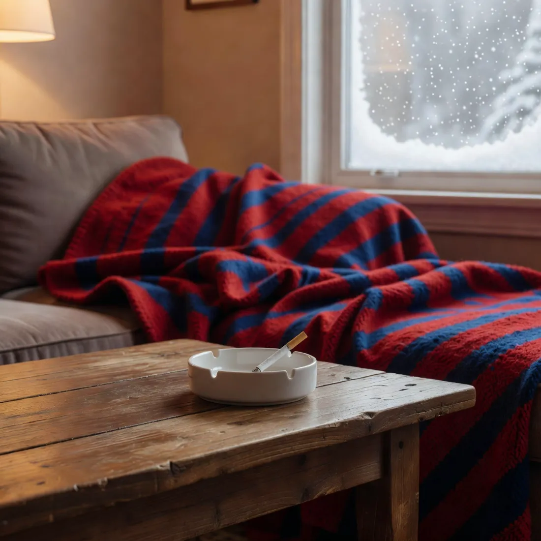 A pre-roll in an ashtray on a game-day couch with a snowy window, a Bills Sunday in Western New York.