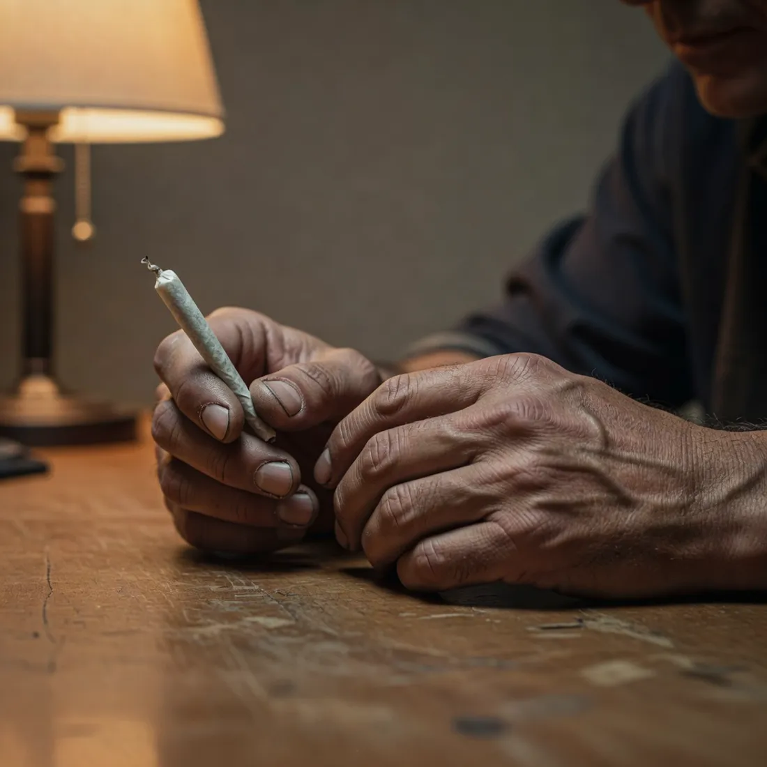 A Western New York trades worker's hands with a pre-roll at the end of a long shift, cannabis for sleep and sore muscles.