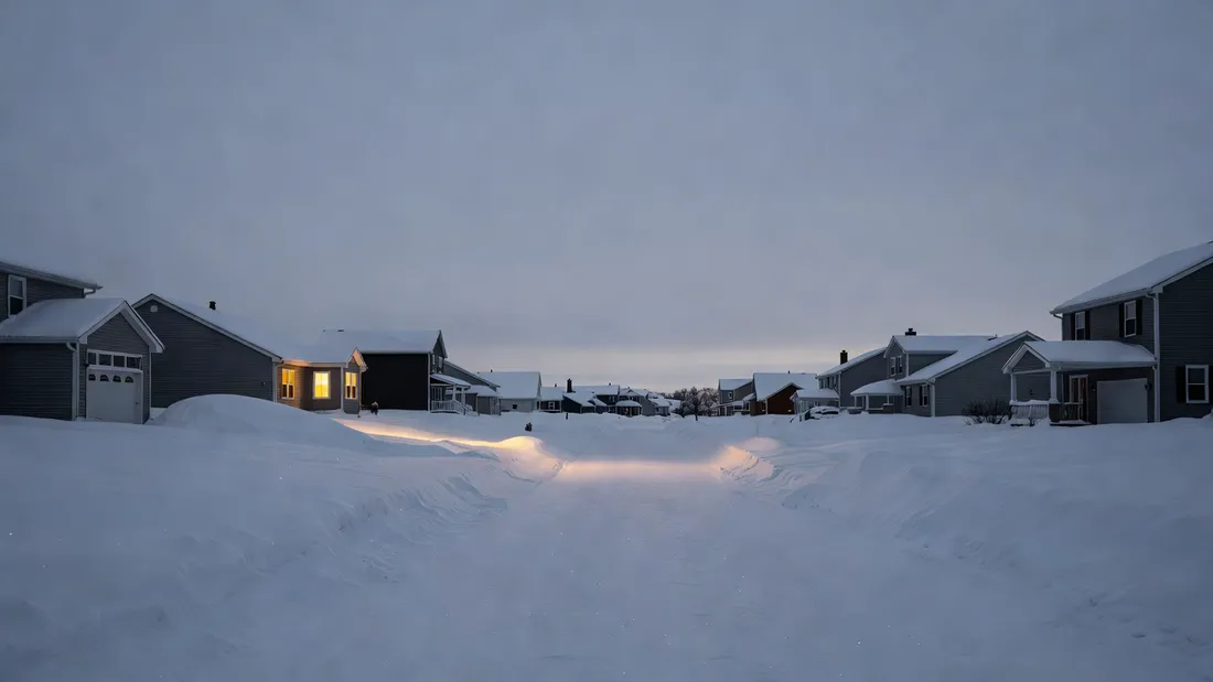 A snowy Western New York street at dusk in winter, the lake-effect gray that has people reaching for sleep and stress relief.